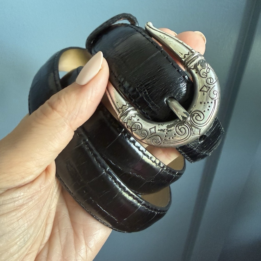 Brighton Black Faux Croc Embossed Leather Belt XL 36 Silver Engraved Buckle